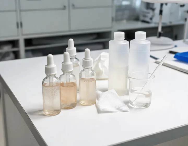 Exfoliating Toner Sourcing on a cosmetics bench, illustration only