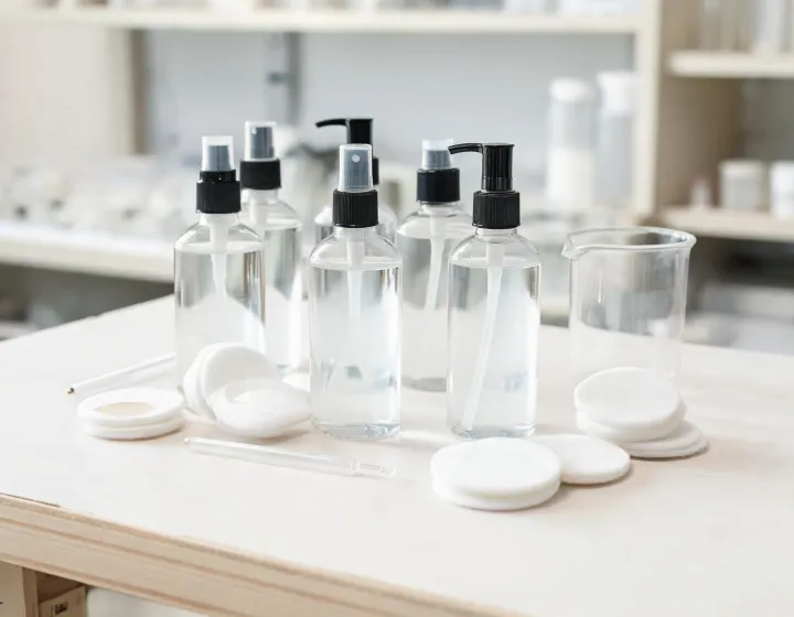 glycolic acid exfoliating toner on a cosmetics bench, illustration only