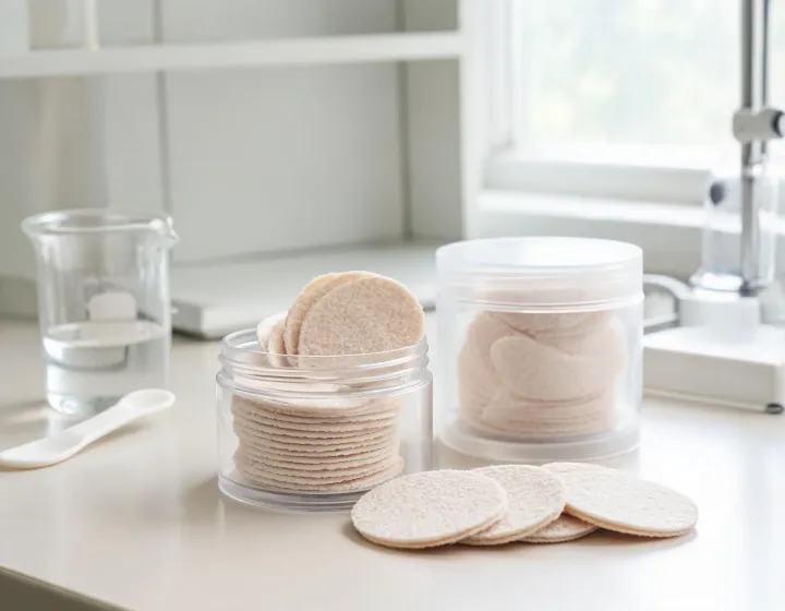 exfoliating toner pads on a cosmetics bench, illustration only